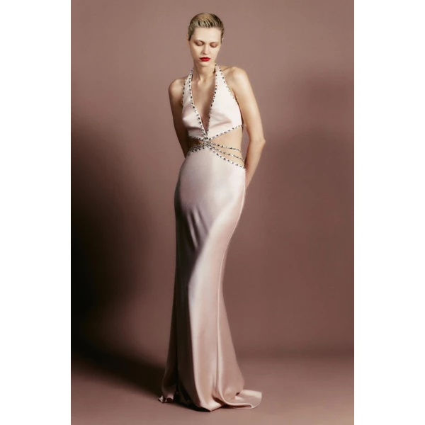 crystal-embellished satin maxi dress with cutouts