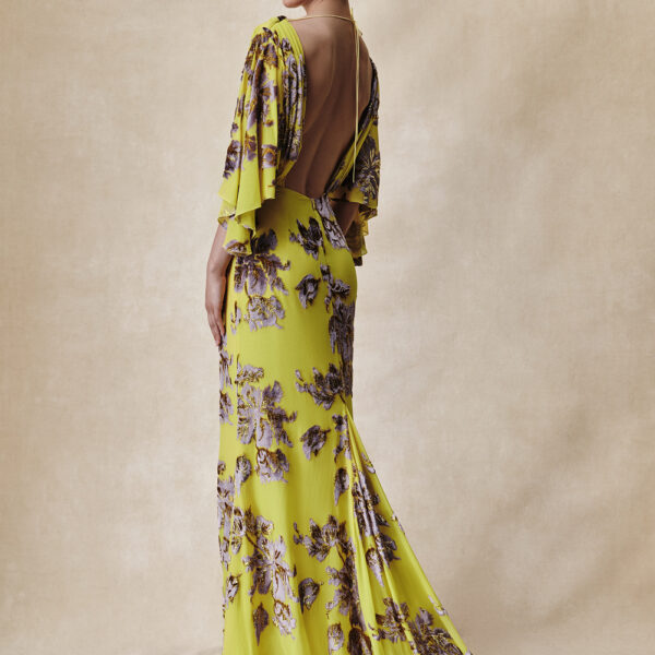 devoré velvet maxi dress with cowl back and train