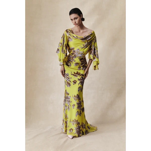 Rasario Devoré velvet maxi dress with cowl back and train in Black, view 3