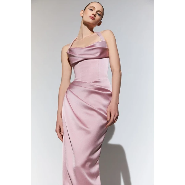 draped satin gown with straps