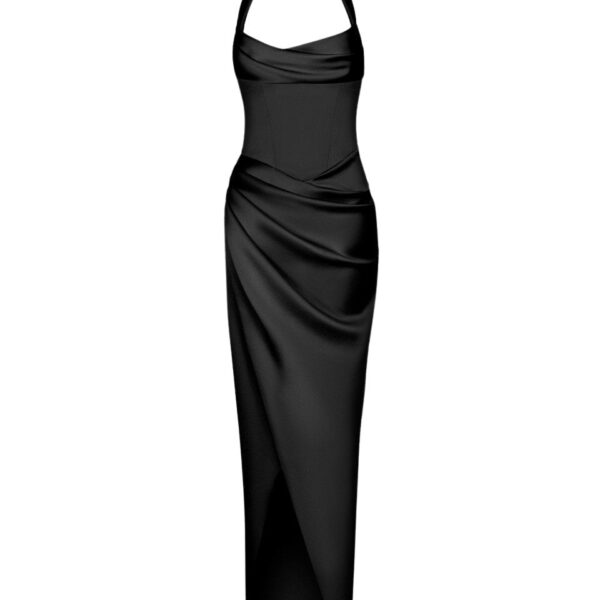 Draped satin gown with straps in Black