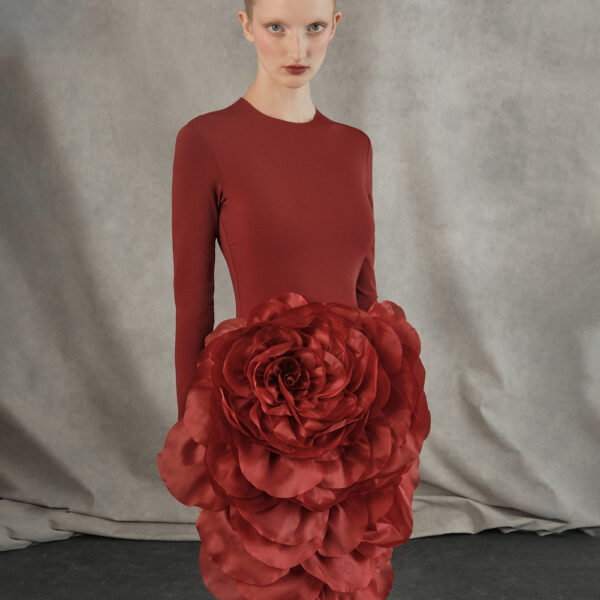 knit midi dress with a silk organza flower