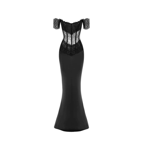 Rasario Lace and satin corset maxi dress in Black