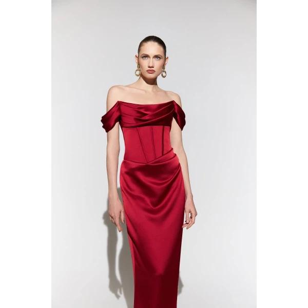 off-the-shoulder draped corset satin gown