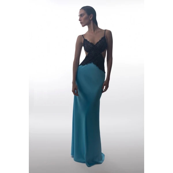 satin and lace maxi dress with cutouts