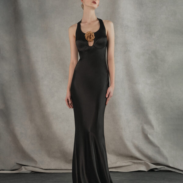 satin maxi dress with a flower