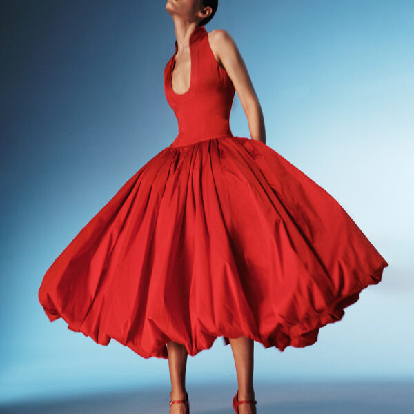 satin midi dress with a voluminous taffeta skirt
