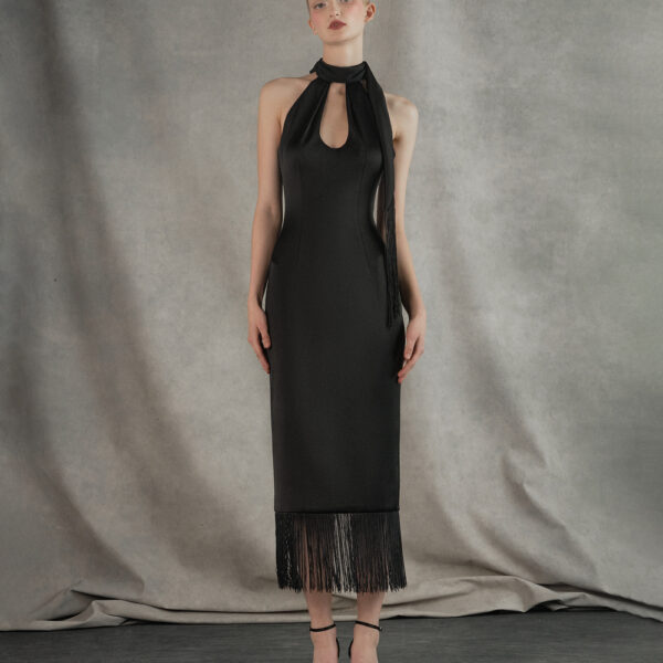 satin midi dress with fringe trim