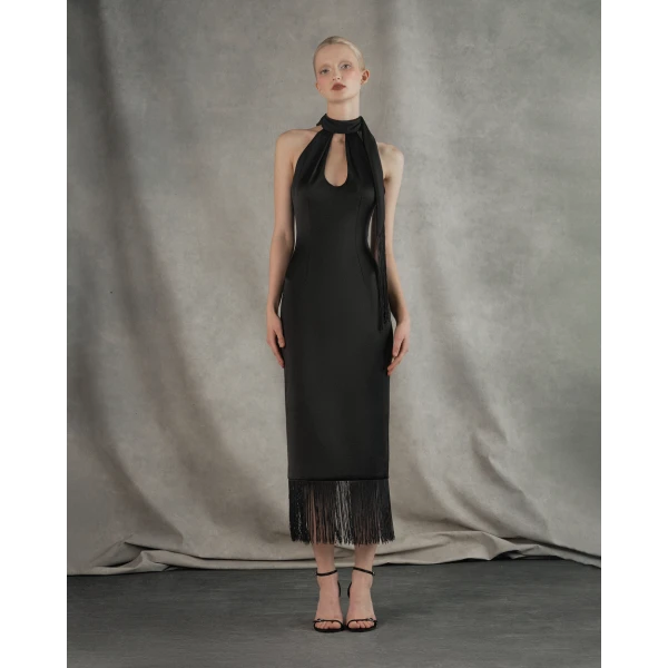 Rasario Satin midi dress with fringe trim in Black, view 2