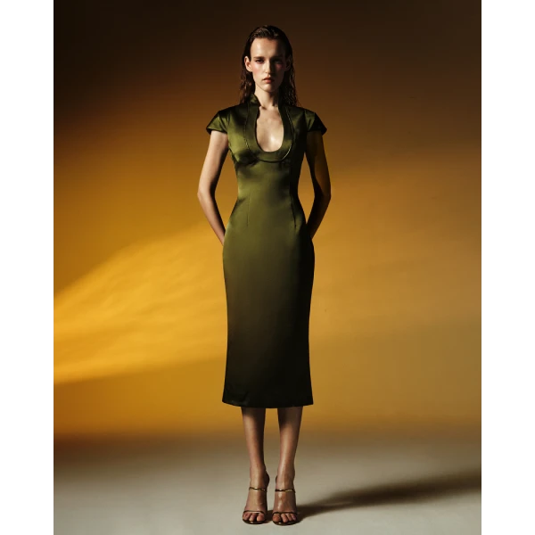 Rasario Satin midi dress with piping trim in Black, view 2