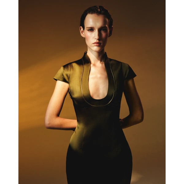 Rasario Satin midi dress with piping trim in Black, view 3
