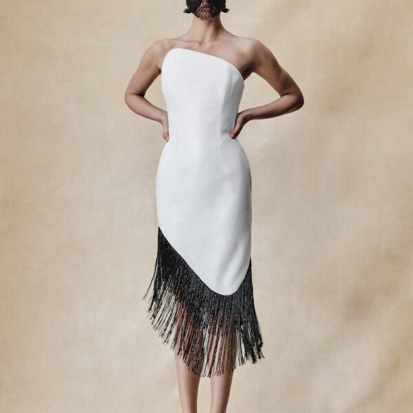 sequin asymmetric midi dress with beaded fringe