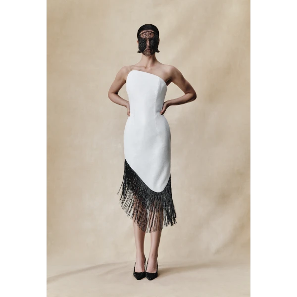 Rasario Sequin asymmetric midi dress with beaded fringe in Black, view 2