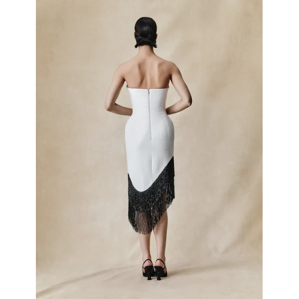 Rasario Sequin asymmetric midi dress with beaded fringe in Black, view 3