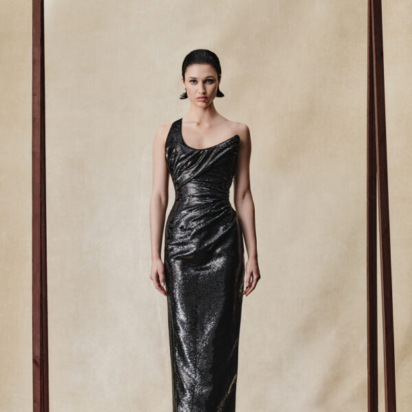 sequin corset draped maxi dress