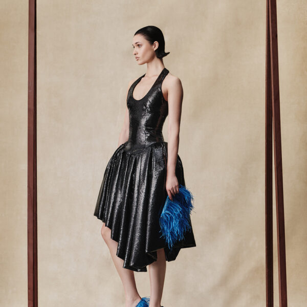 sequin midi dress with asymmetric voluminous skirt