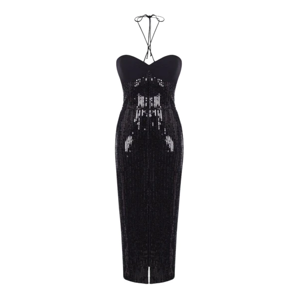 Rasario Sequined midi dress with crepe top in Black