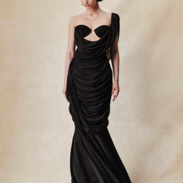 viscose and silk corset maxi dress with draping