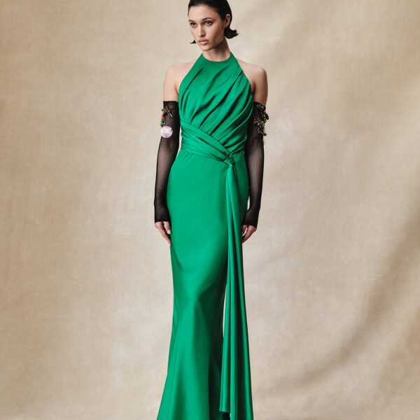 viscose crepe maxi dress with train