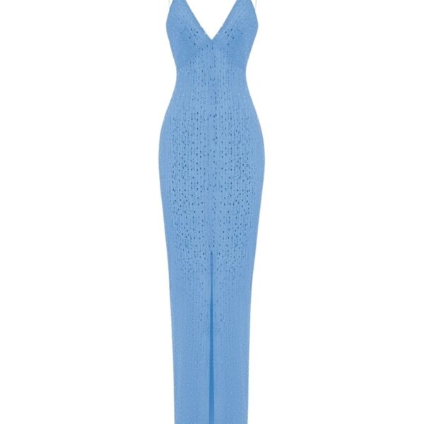 Crystal-embellished chiffon maxi dress with a slit in Blue