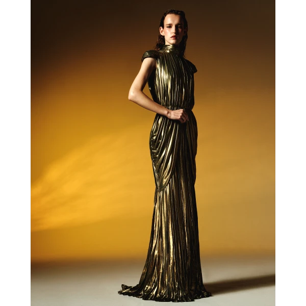 Rasario Draped chiffon maxi dress in Olive, view 3