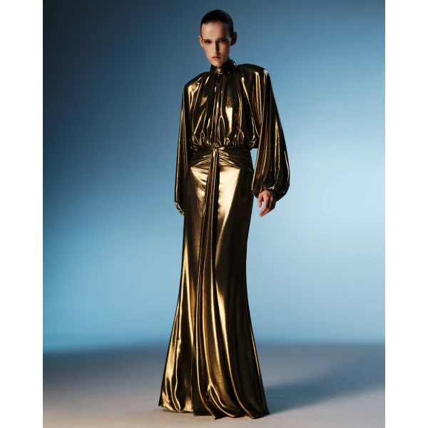 Rasario Draped chiffon maxi dress with voluminous shoulders and an open back in Olive, view 2