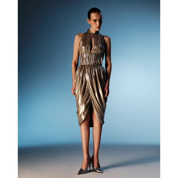 Rasario Draped chiffon mini dress in Olive, view 2