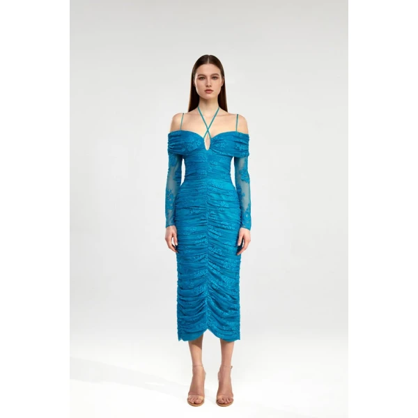 draped off-the-shoulder lace midi dress
