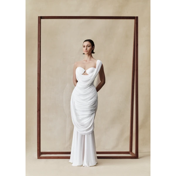 Rasario Viscose and silk corset maxi dress with draping in Green, view 2