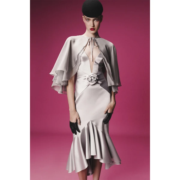 satin midi dress with a flower and cropped cape