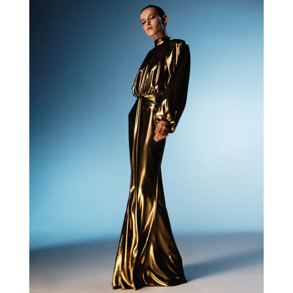Rasario Draped chiffon maxi dress with voluminous shoulders and an open back in Silver, view 2
