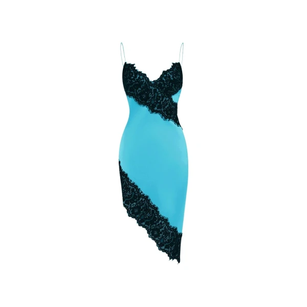 Rasario Asymmetric satin and lace mini dress in Turquoise and Black