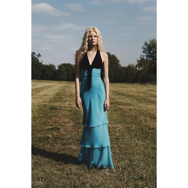 chiffon and velvet maxi dress with a bow