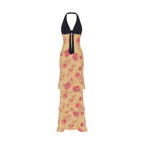 Rasario Chiffon and velvet maxi dress with a bow in Yellow and Black