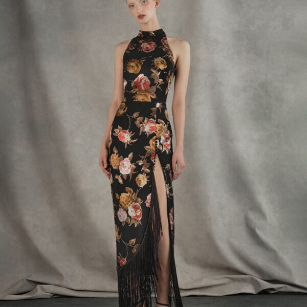 chiffon-devoré maxi dress with fringe trim