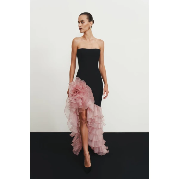 crepe and chiffon maxi dress with a voluminous flower