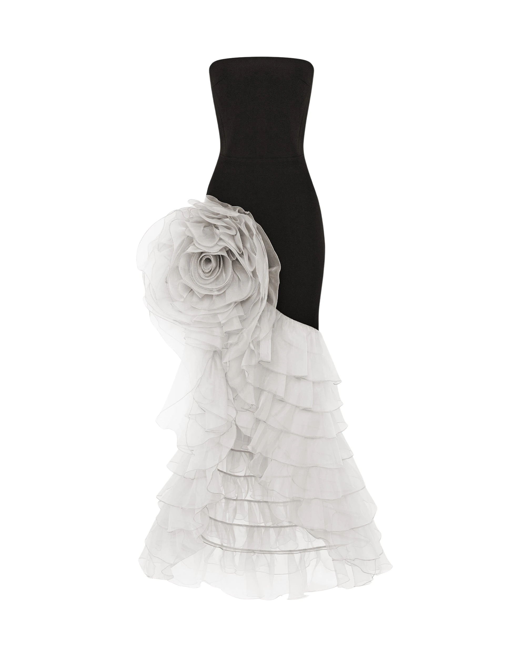 Rasario-Multicolour-Crepe-and-chiffon-maxi-dress-with-a-voluminous-flower-in-Black-and-White-at-Coveti22421_nobg Rasario