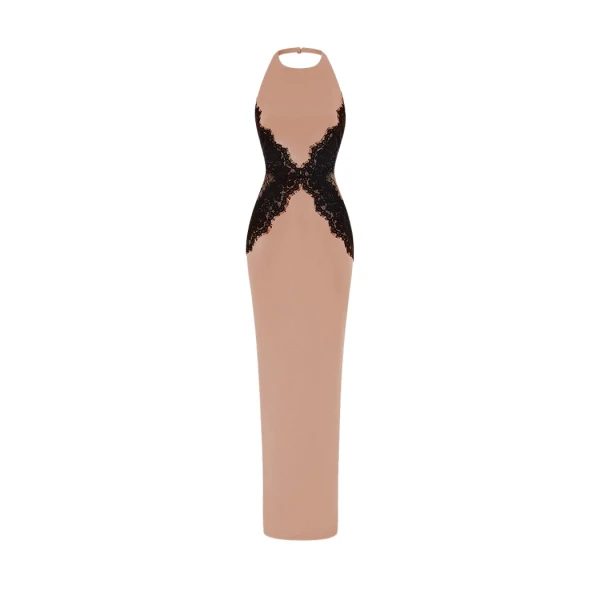 Rasario Crepe and lace maxi dress in Beige and Black