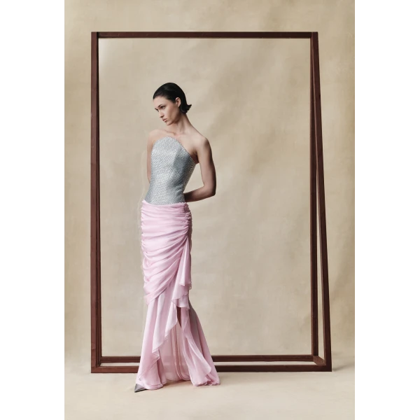 Rasario Crystal corset and silk chiffon dress in Silver and White, view 2
