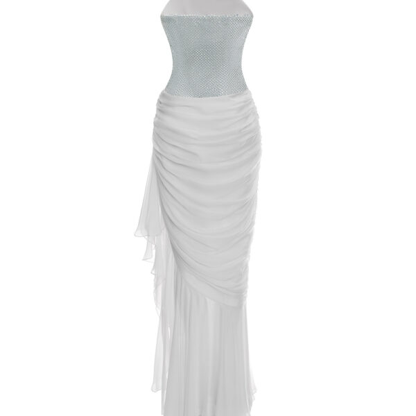 silver and white evening dress
