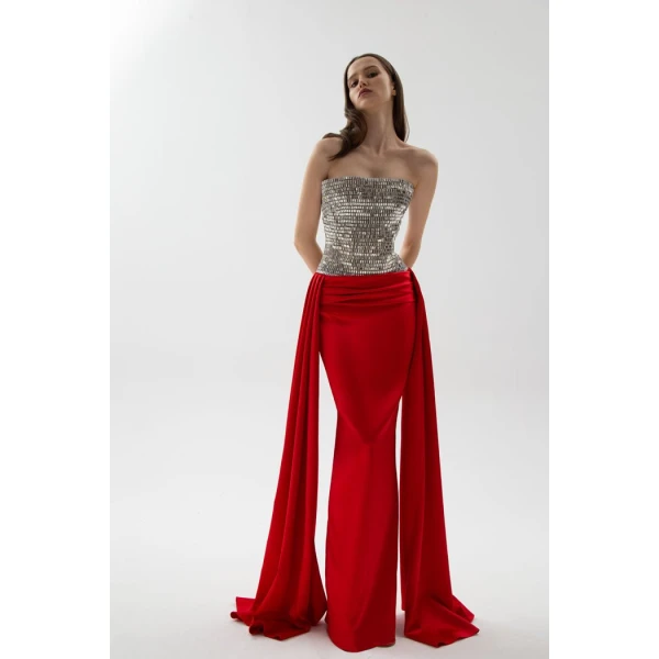 crystal embellished corset satin gown with a train