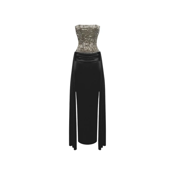 Rasario Crystal embellished corset satin gown with a train in Adults