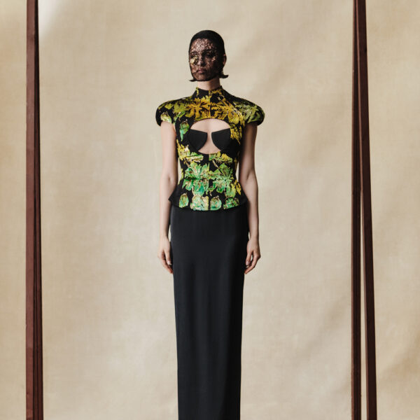 devoré velvet and crepe maxi dress with front cutout