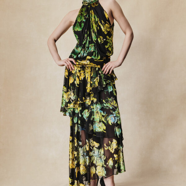 devoré velvet maxi dress with ruffles and open back