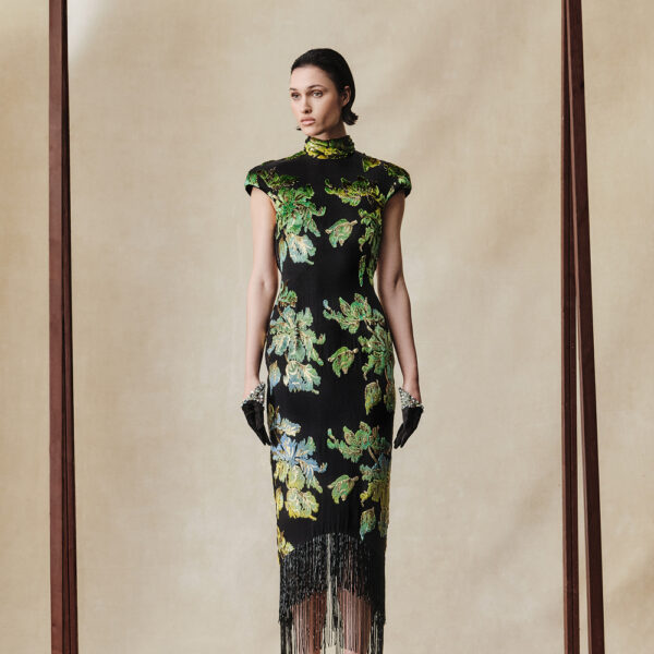 devoré velvet midi dress with beaded fringe