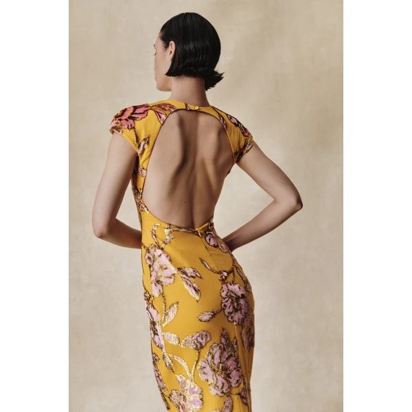 Rasario Devoré velvet midi dress with open back in Black and Green, view 3