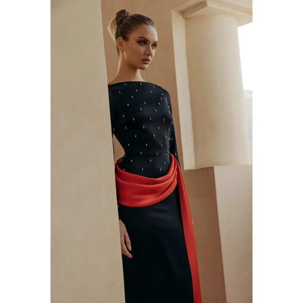embroidered satin maxi dress with drapery and train