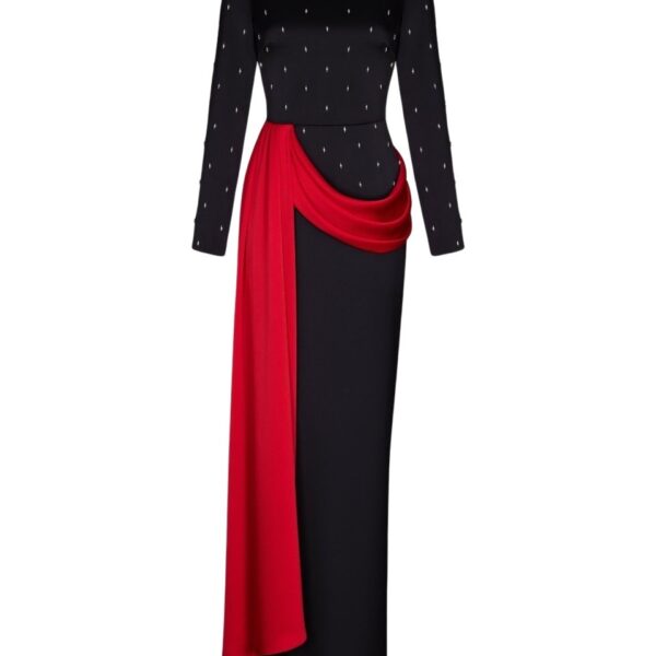 Embroidered satin maxi dress with drapery and train in Black and Red