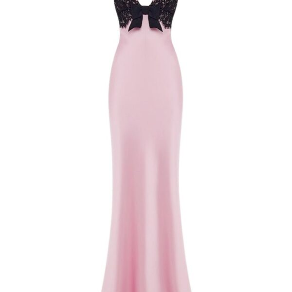 Floral printed satin and lace maxi dress with a bow in Light pink and Black