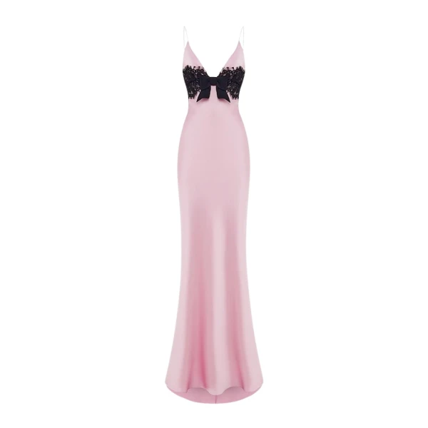 Rasario Floral printed satin and lace maxi dress with a bow in Light pink and Black